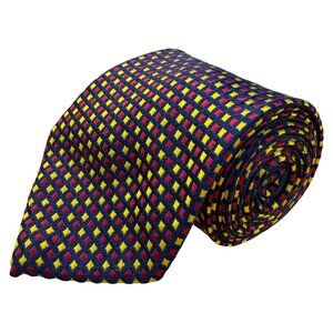 Ben Silver Mens Navy Yellow Pink Silk Handmade Tie Diamond Pattern